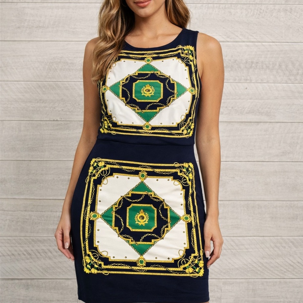 Lauren Ralph Lauren Dress‎ Womens Size 6 Navy Gold Green Sheath Knee Length